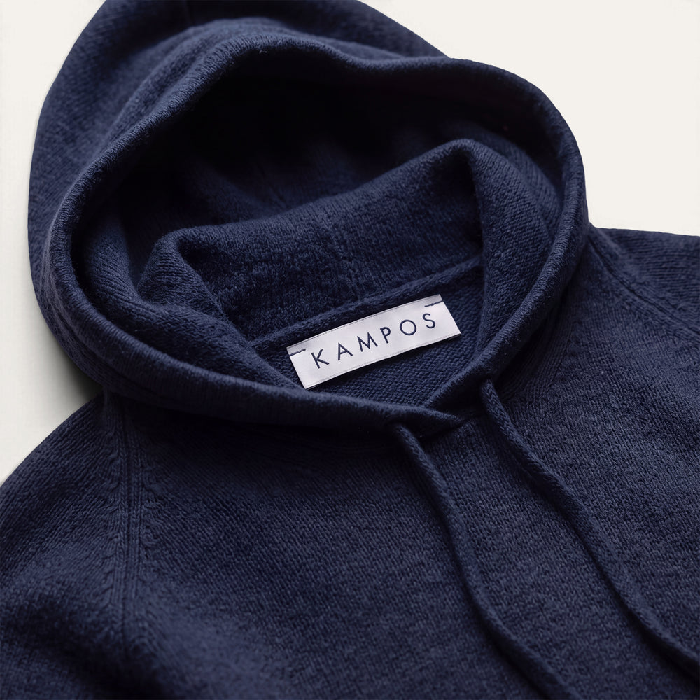 KAMPOS cashmere hoodie in dark navy, full front view