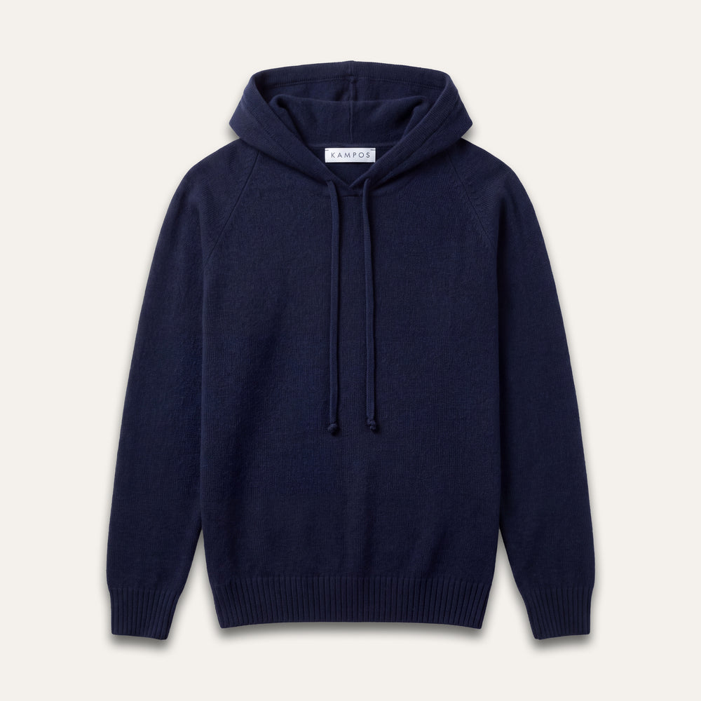 KAMPOS cashmere hoodie in dark navy, full front view