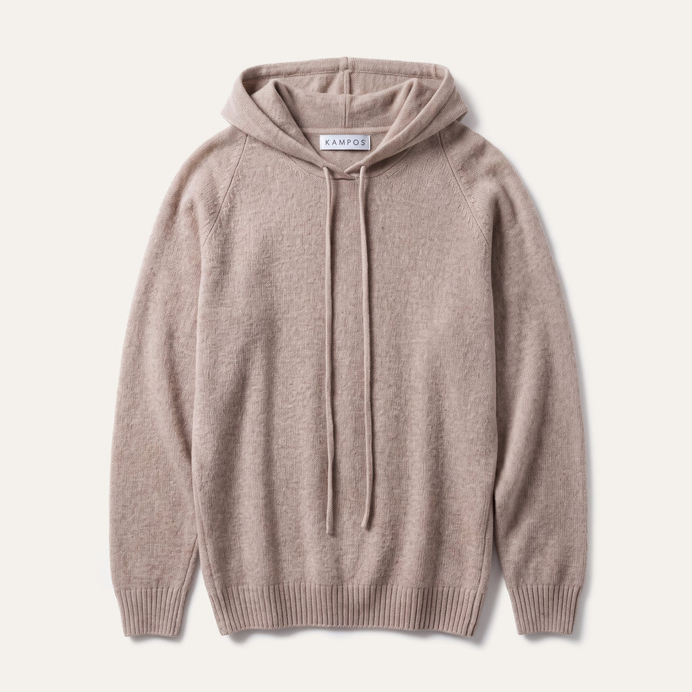 KAMPOS cashmere hoodie in warm sand, full front view