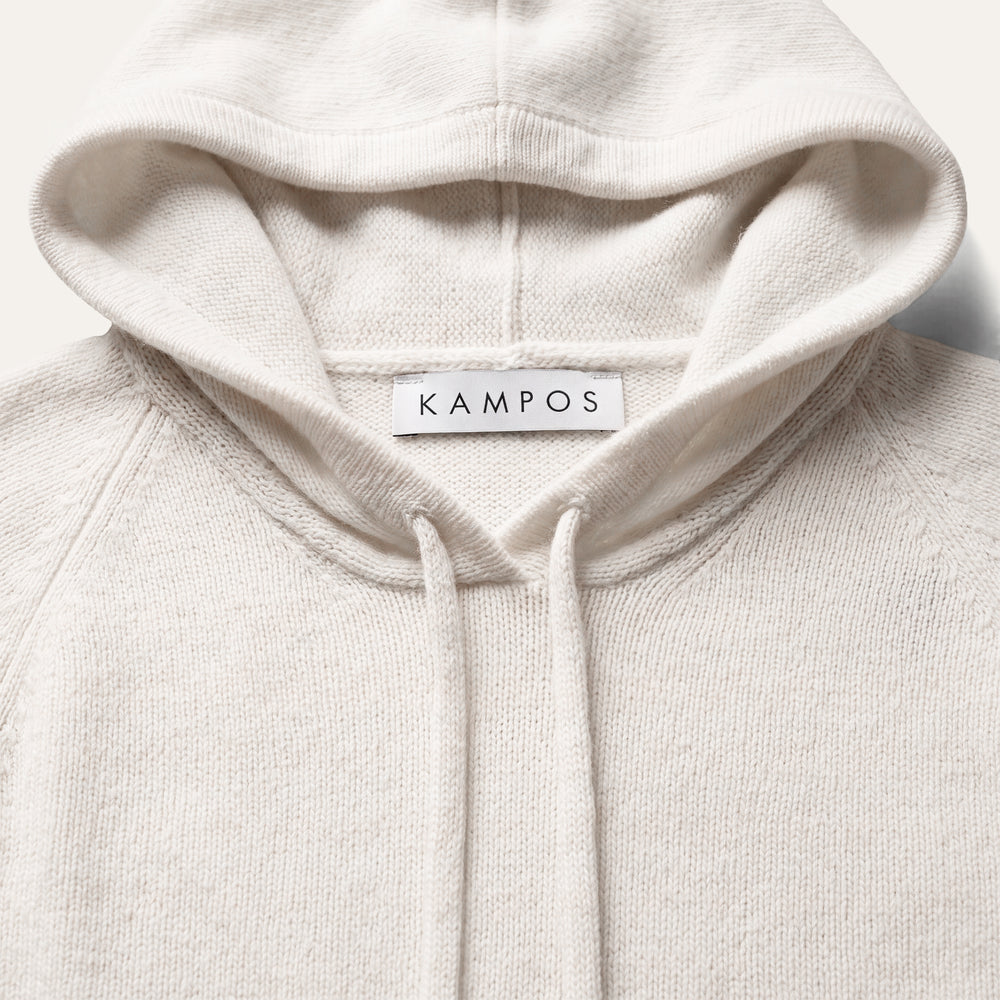 KAMPOS cashmere hoodie in refined white, full front view