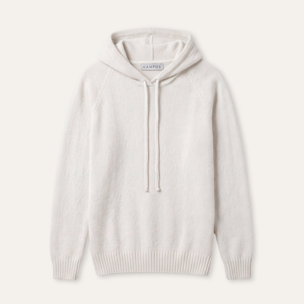 KAMPOS cashmere hoodie in refined white, full front view