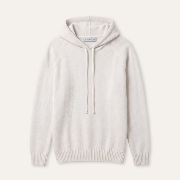 KAMPOS cashmere hoodie in refined white, full front view