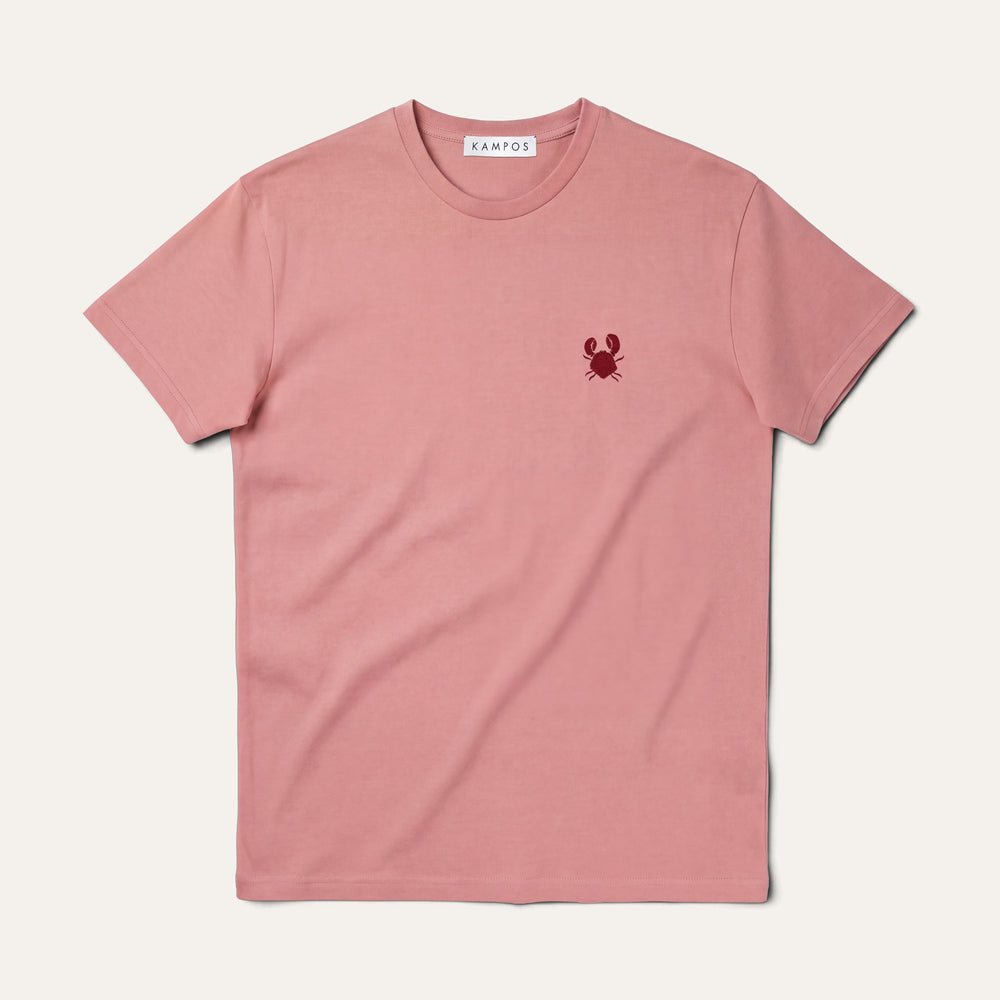 KAMPOS Craby T-shirt in dusty rose with burgundy crab motif, full front view