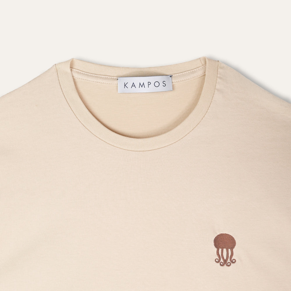 KAMPOS Jellyfish T-shirt in light sand with dark brown jellyfish motif, full front view
