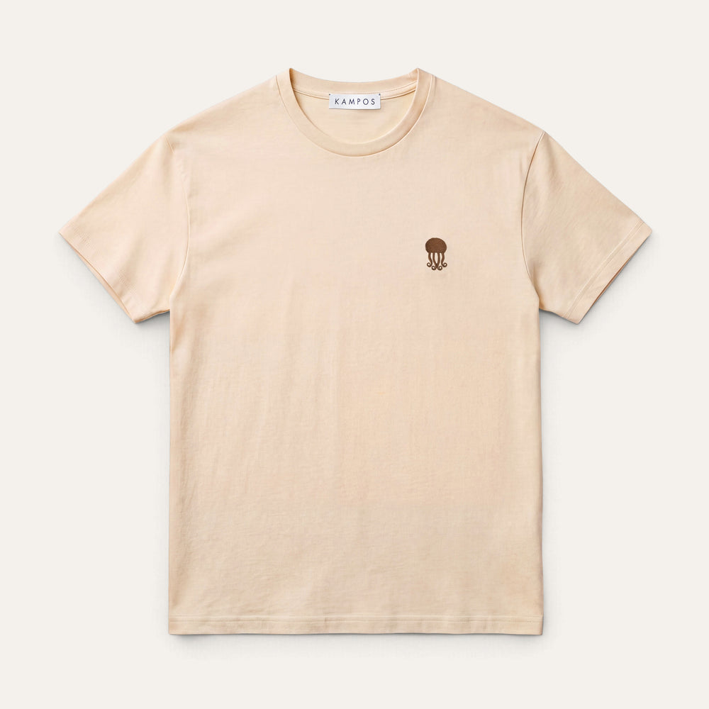 KAMPOS Jellyfish T-shirt in light sand with dark brown jellyfish motif, full front view