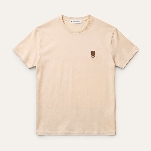 KAMPOS Jellyfish T-shirt in light sand with dark brown jellyfish motif, full front view