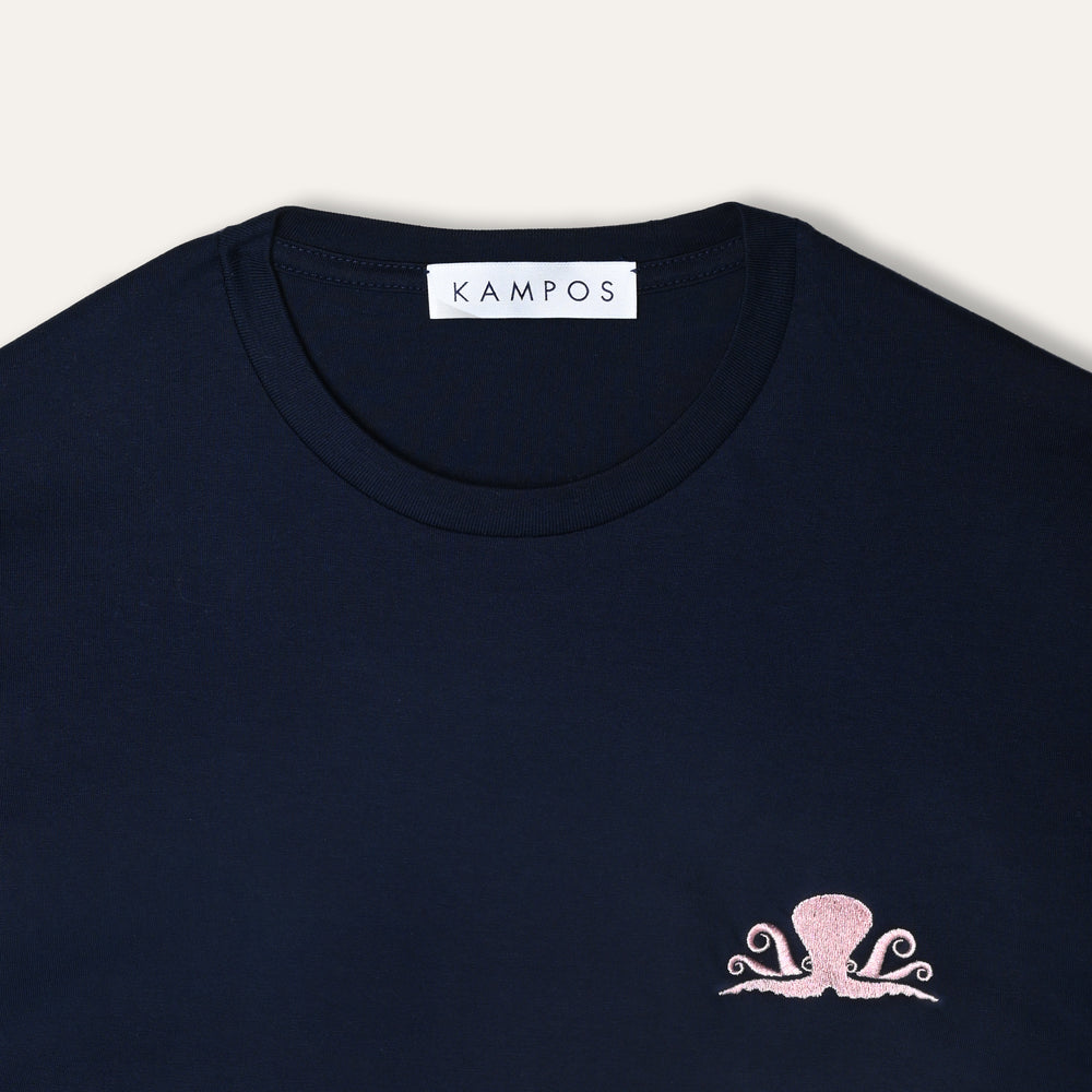 KAMPOS Octopus T-shirt in navy with pale octopus motif, full front view