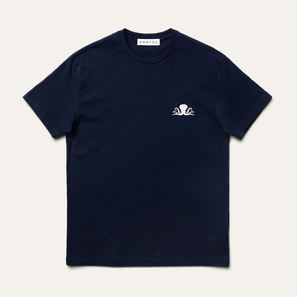 KAMPOS Octopus T-shirt in navy with pale octopus motif, full front view