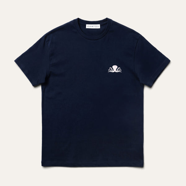 KAMPOS Octopus T-shirt in navy with pale octopus motif, full front view