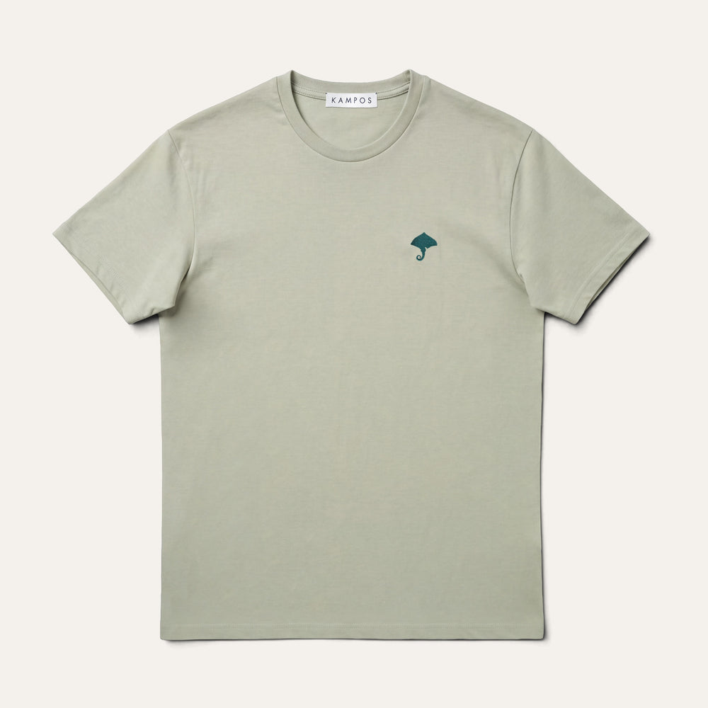 KAMPOS Ray T-shirt in pale sage green with dark teal ray motif, full front view