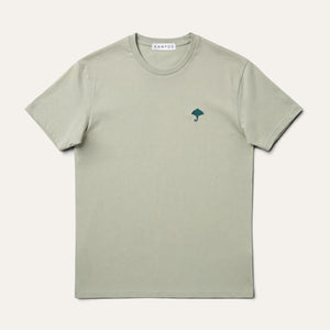 KAMPOS Ray T-shirt in pale sage green with dark teal ray motif, full front view
