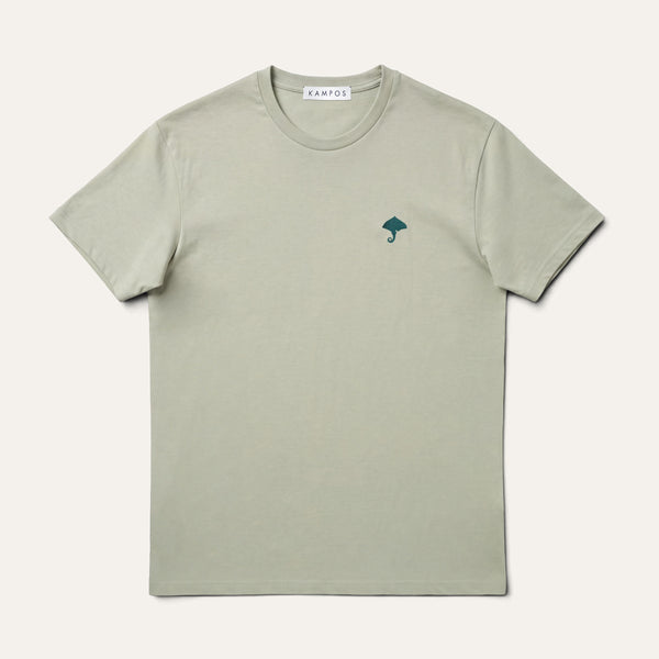 KAMPOS Ray T-shirt in pale sage green with dark teal ray motif, full front view