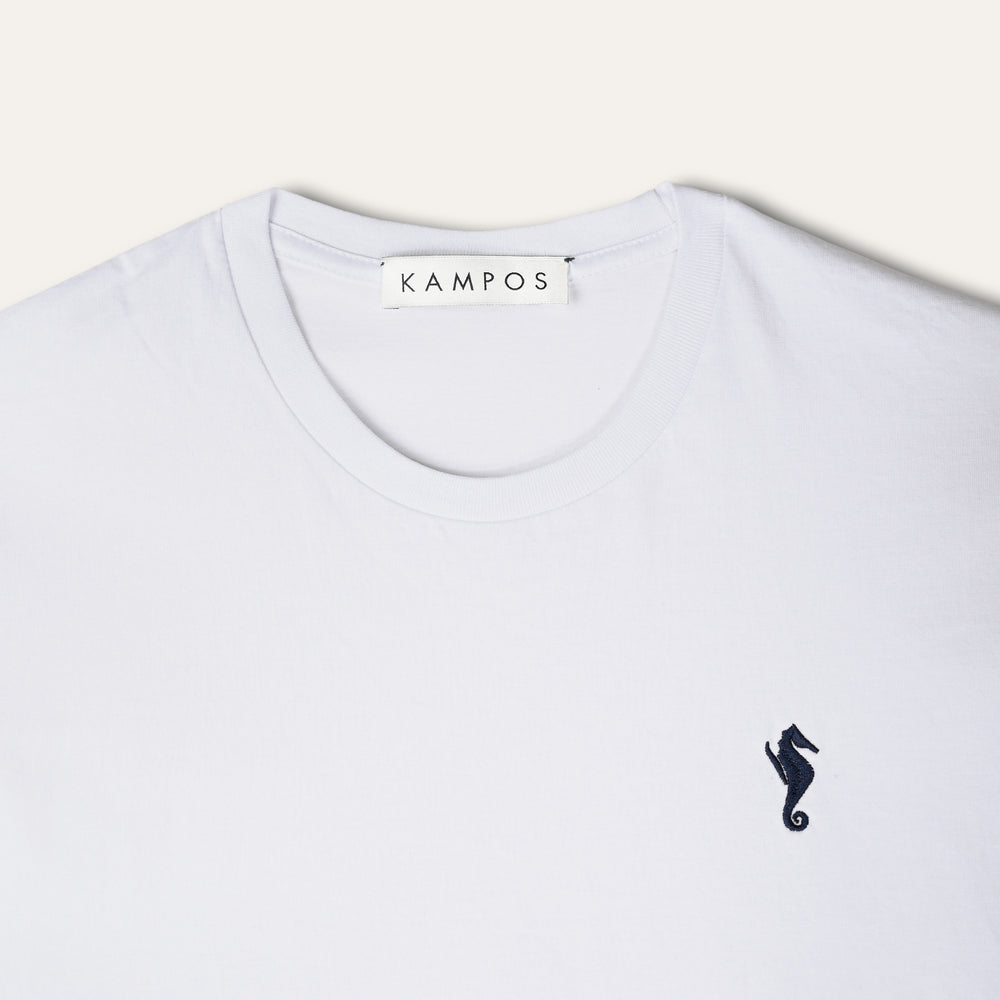 KAMPOS Seahorse T-shirt in white with navy seahorse motif, full front view