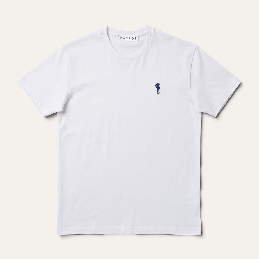 KAMPOS Seahorse T-shirt in white with navy seahorse motif, full front view