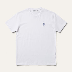 KAMPOS Seahorse T-shirt in white with navy seahorse motif, full front view