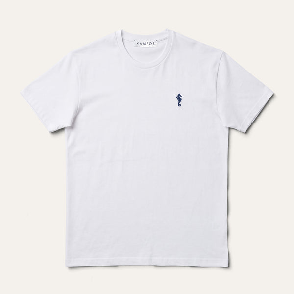 KAMPOS Seahorse T-shirt in white with navy seahorse motif, full front view